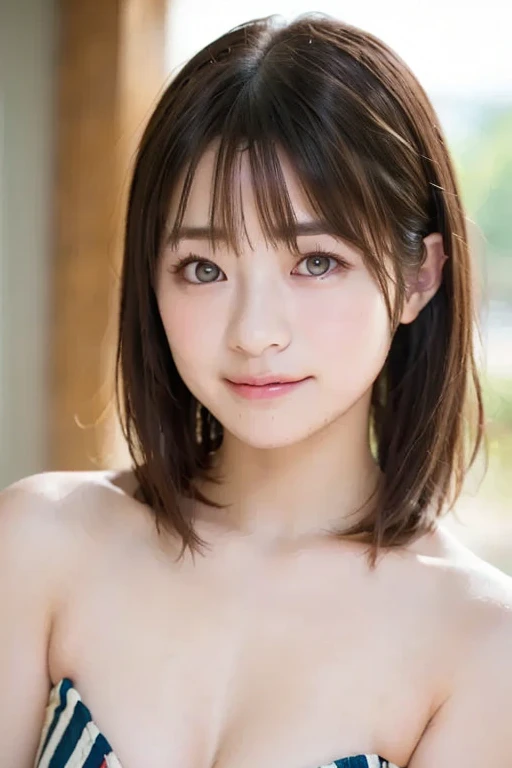 (RAW Photos, highest quality), (Realistic, Photorealistic:1.3), Tabletop, Very delicate and beautiful, Soft Light, (Long wavy hair swaying in the wind, Asymmetrical bangs), Beautiful detailed girl, (Detailed fingers), Highly detailed eyes and face, Beautifully detailed nose, Beautiful fine details, 1 girl, Japanese, Pure beauty, cute, young, smile, Naked beautiful girl、Small breasts、Flat Chest、Small nipples、Beautiful nipples、Small areola、Heterochromia iridis