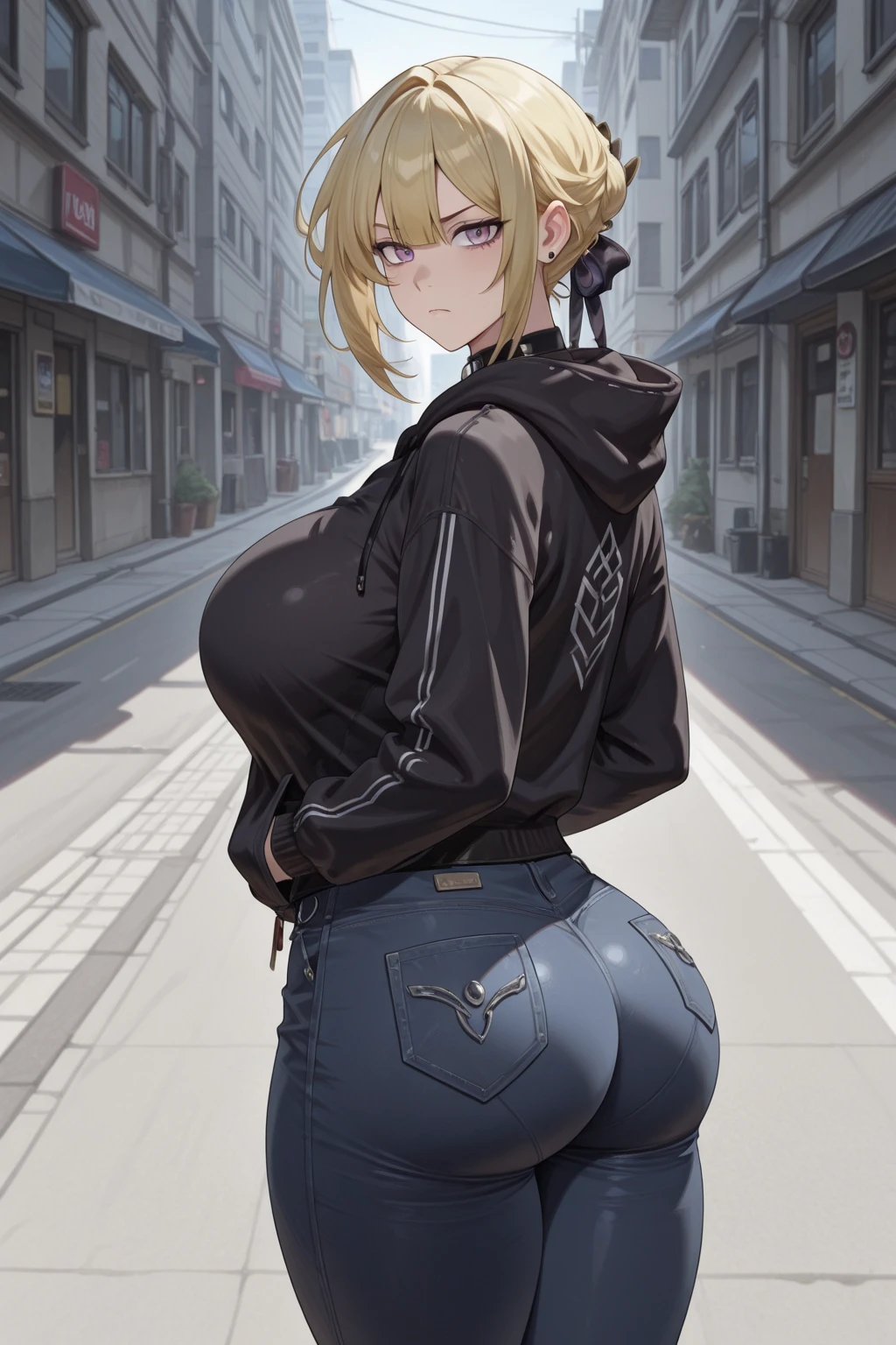 mercy, thighs, full body, high heels, nude tits, sitting, black jeans pants, wide hips