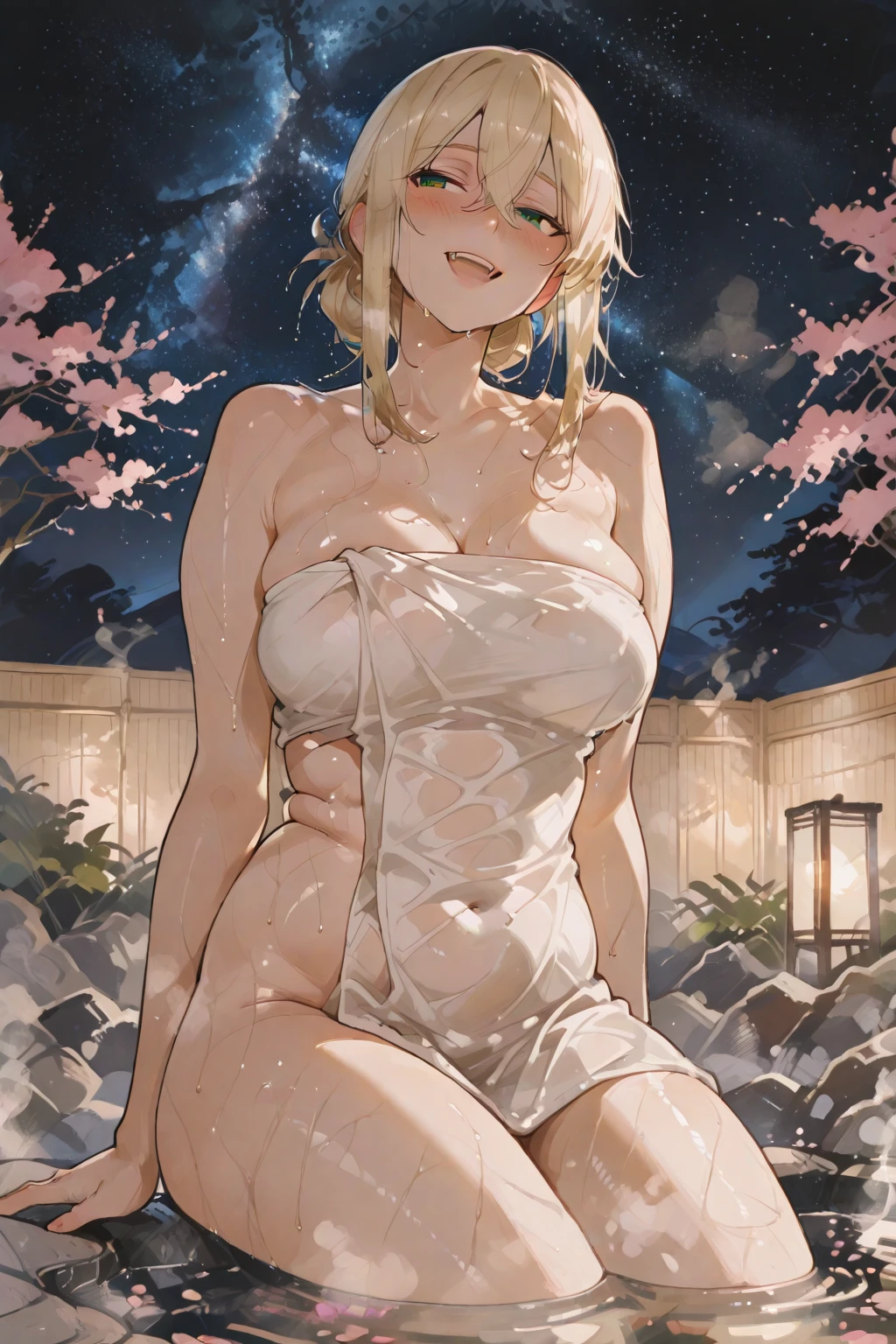 Lori huge breasts cleavage,Light brown hair, Orange eyes,Brown eyes, short detailed hair, bangs, side locks, Wavy hair, Messy hair, Asymmetrical bangs, a sailor suit, hot onsen