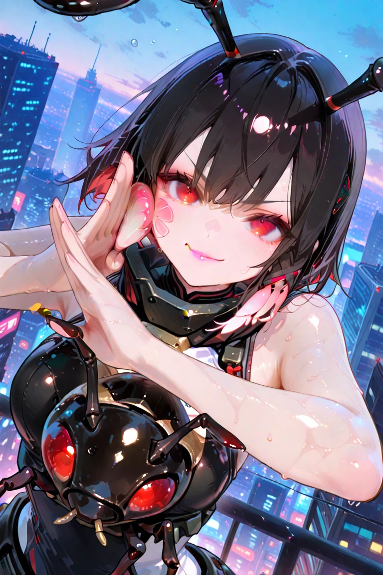 (extremely detailed fine touch:1.3), (((semi-rimless round eyewear:1.3))), (headphone:1.2), short hair, blunt bangs, 1girl, solo, Dark art, bare arms, from below, Dark rain, wet skin,