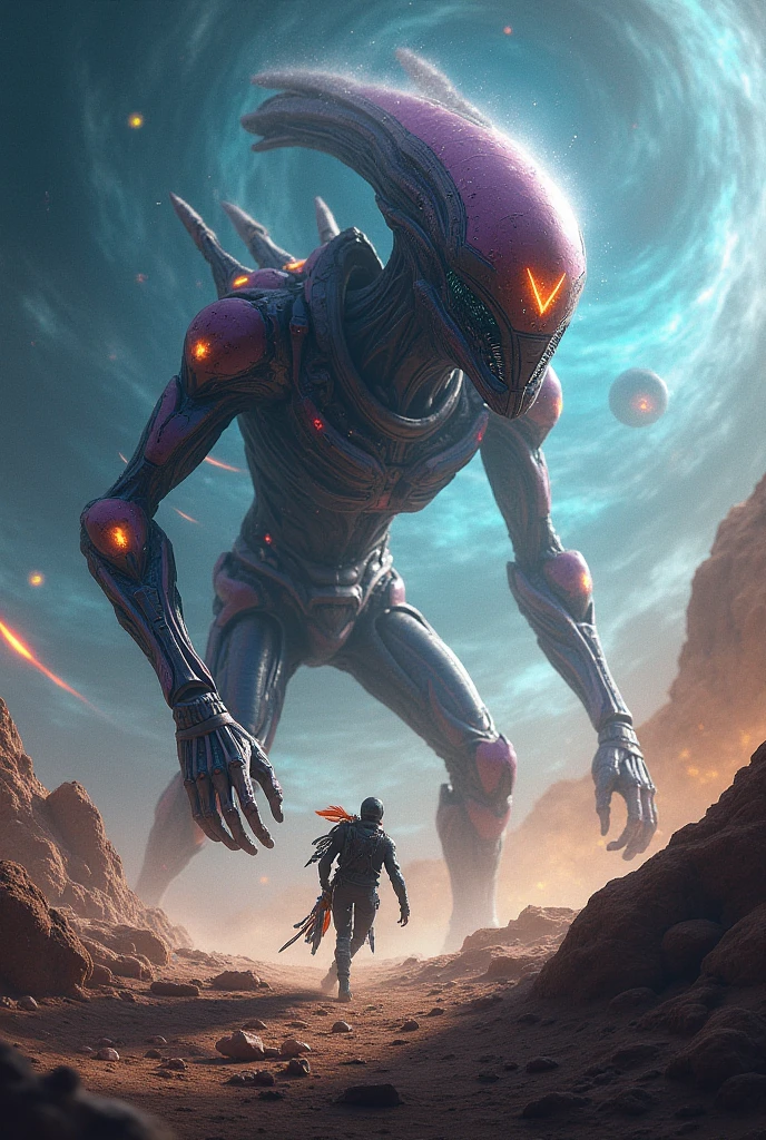 Alien cowboys (lean, big head, huge dark eyes, cowboy u=outfit, ray guns) are riding on crystalline beetles, alien plains with strange plants, violet skies, 2 suns