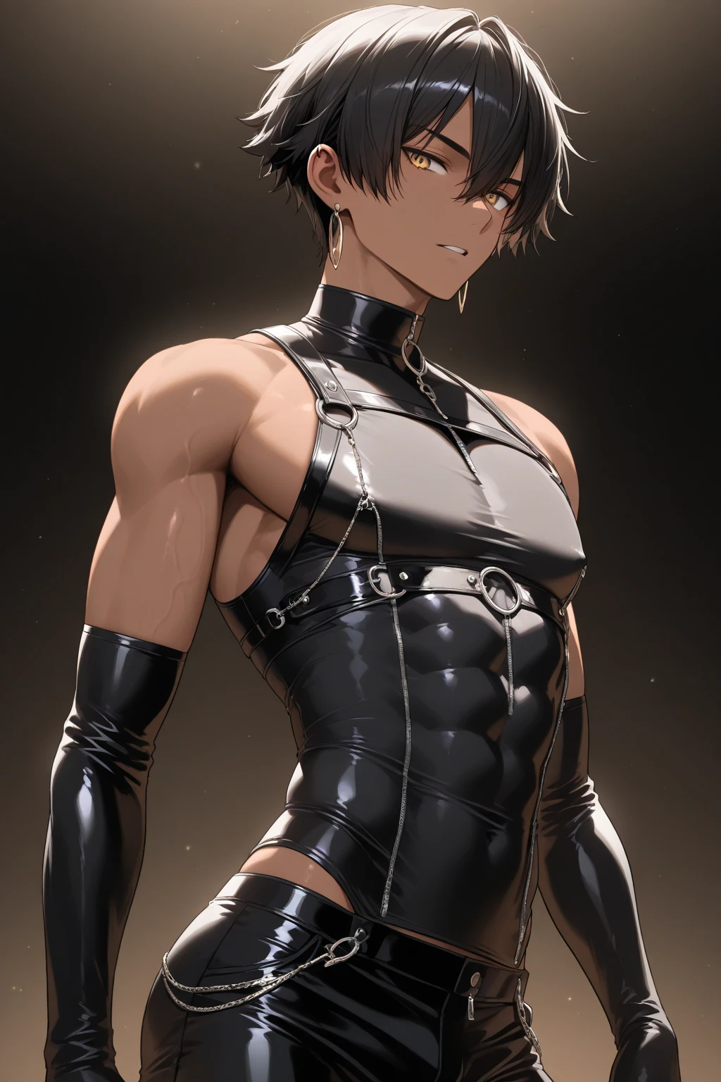 masterpiece, best quality, ultra detailed, ultra high resolution, very detailed face, solo, anime, 20 years old girl, slim, wearing a black sleeveless rubbersuit , fighting pose, ((exposing the abs)), ((six pack abs:1.2)), lightbrown short hair, small breast, little angry, at the dark prison, indoor