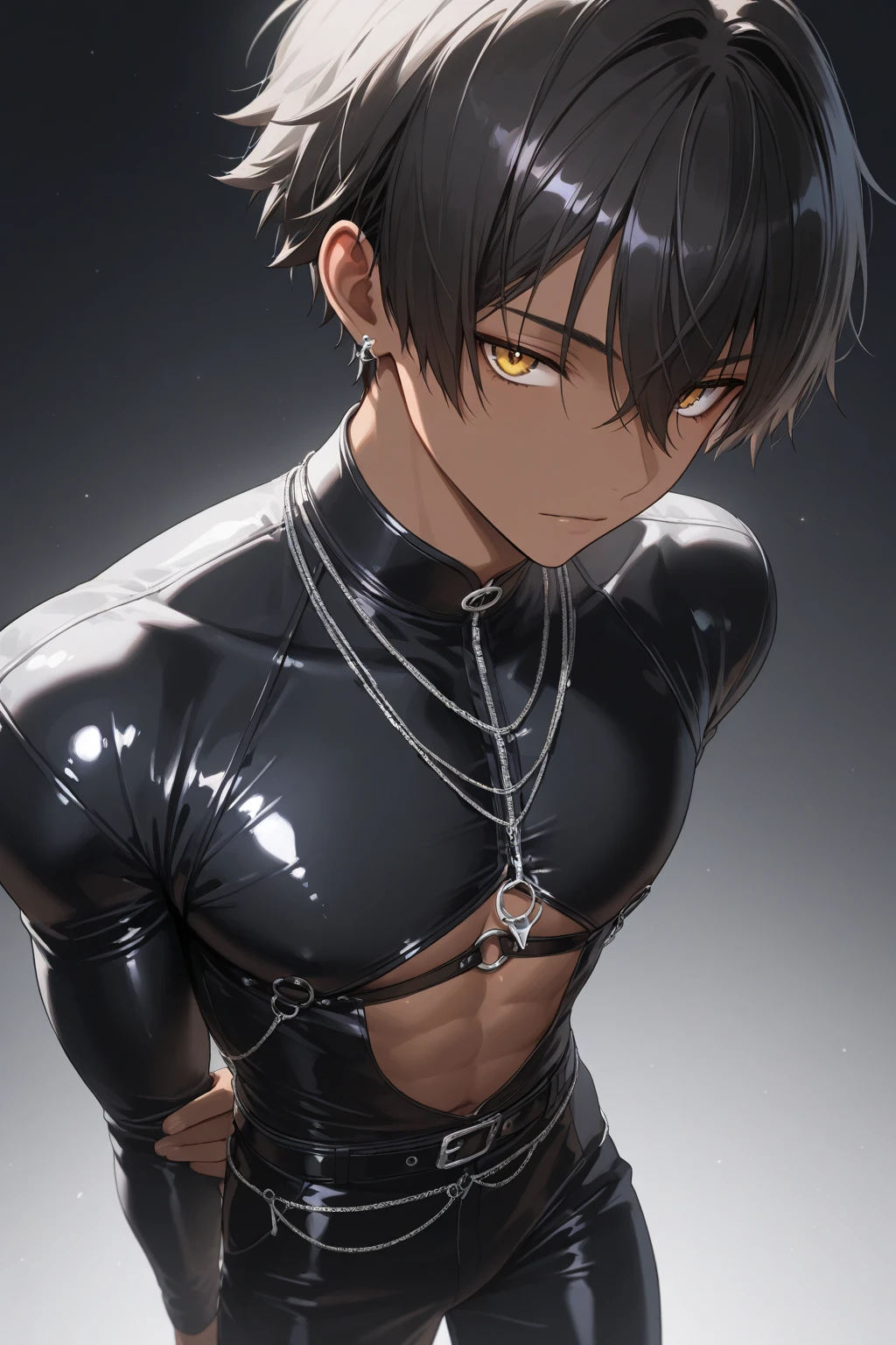 "Create an image of a teenage boy, shirtless with lightly defined muscles, kneeling with his arms pulled upward by chains, giving the impression that he is imprisoned. He also has a chain around his neck. He is wearing ripped gray pants. He has a determined expression on his face, showing resilience. The background is a desolate cave, with rough, uneven walls and a dark, inhospitable atmosphere. There is a single, focused light shining down on the boy, casting dramatic shadows and highlighting his figure, while the rest of the cave remains shrouded in darkness, anime."