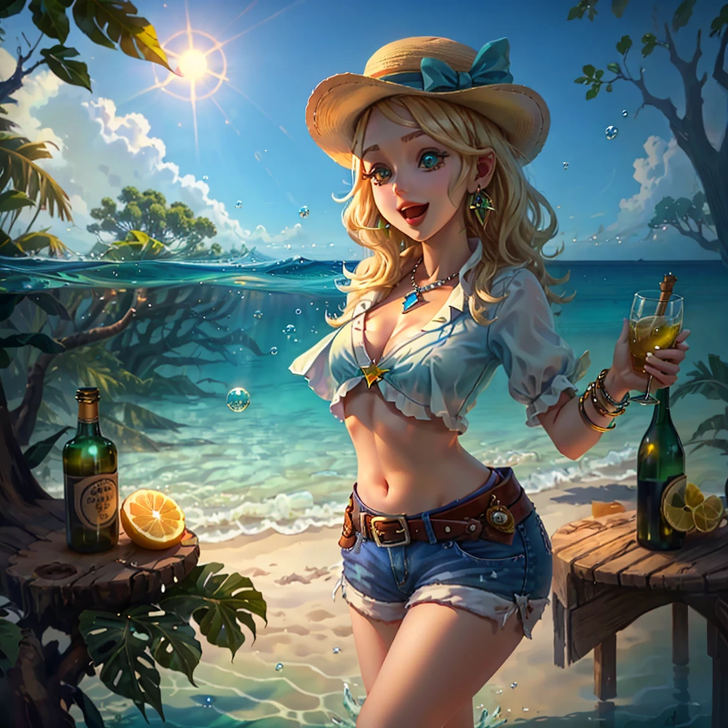 Hermione Granger con sombrero de bruja y bikini en la playa con una cerveza en mano