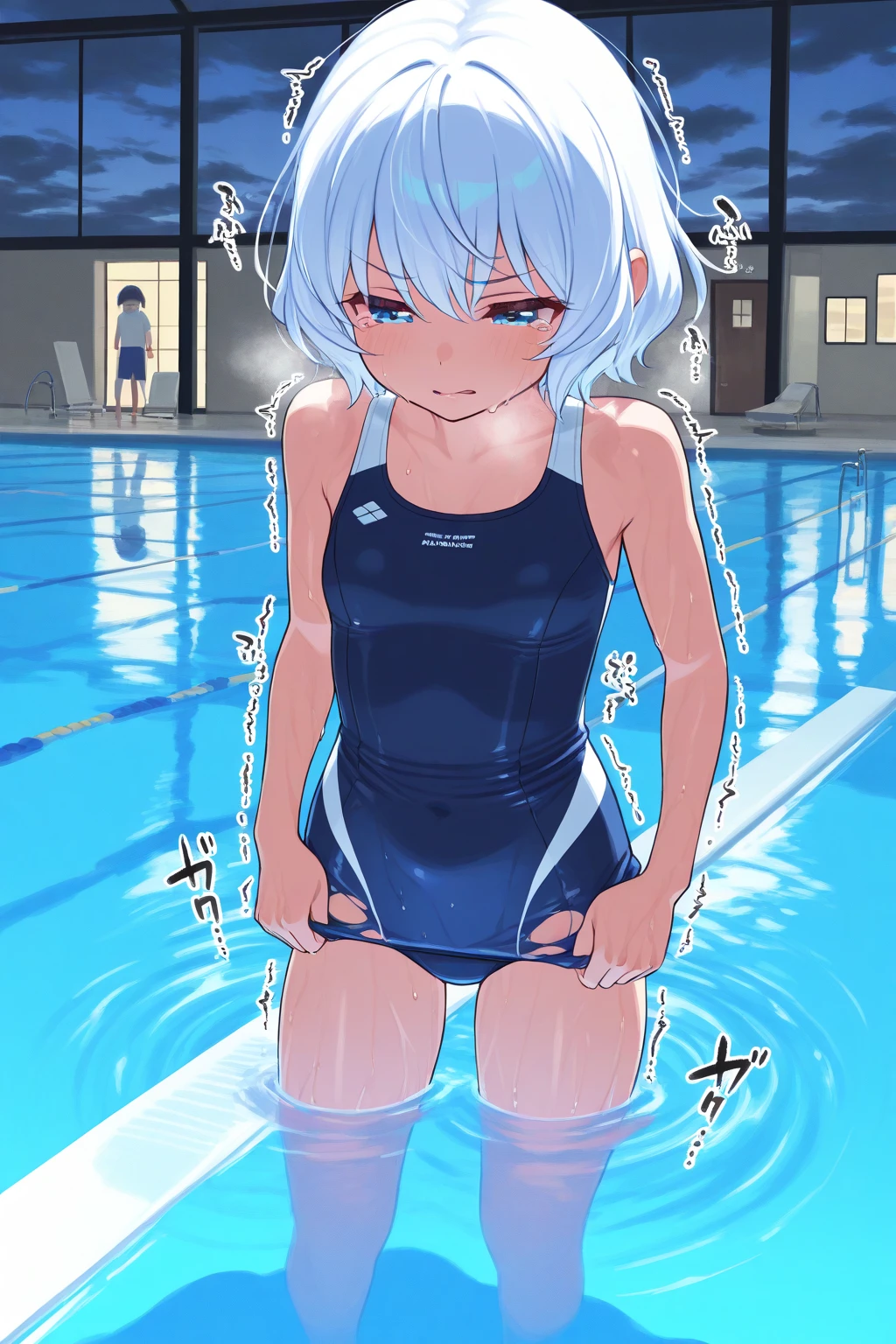 ((best quality)), ((highly detailed)),(((sketch))) extremely detailed face, beautiful face,((1girl)),((solo)),shiny skin,(cowboy shot),(tall body, tall, long legs, mature female, mature, adult),,rimuru_tempest,(light blue hair:1.15), (yellow eyes), ((long hair:1.35)),,(flat chest),((nude:1.35)),nipples,large areolae, ((pussy)),((nose blush:1.31)),(,angry,bad mood:0.89),,(half closed eyes),(looking at viewer),BREAK ((standing:1.5))((outdoors:1.25)),((pool:1.45)) ,,BREAK ((twintails)),(hair ribbon:1.25),black ribbon,((hand on hip)),((sweaty:1.25)),((steam:1.21))
