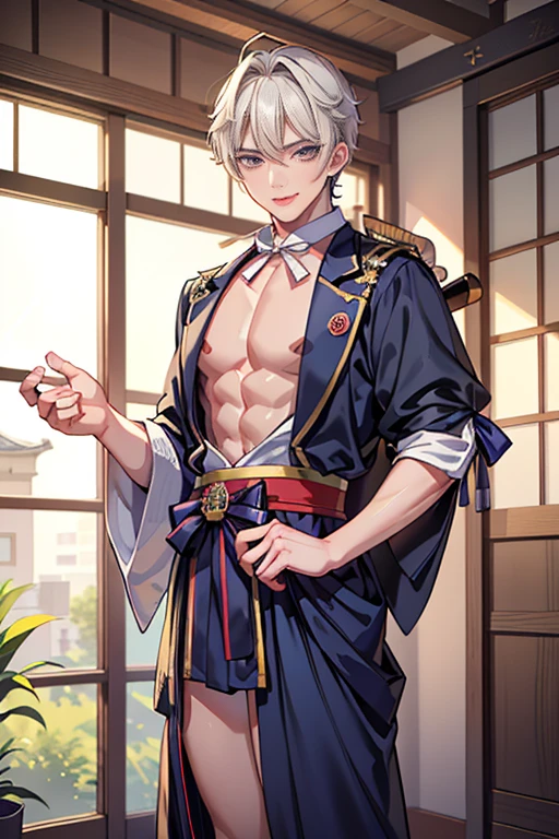 masterpiece, best quality,1boy, male focus, horns, abs, arataki itto, long hair, solo, oni horns, white hair, oni, smile, jewelry, pectorals, red horns