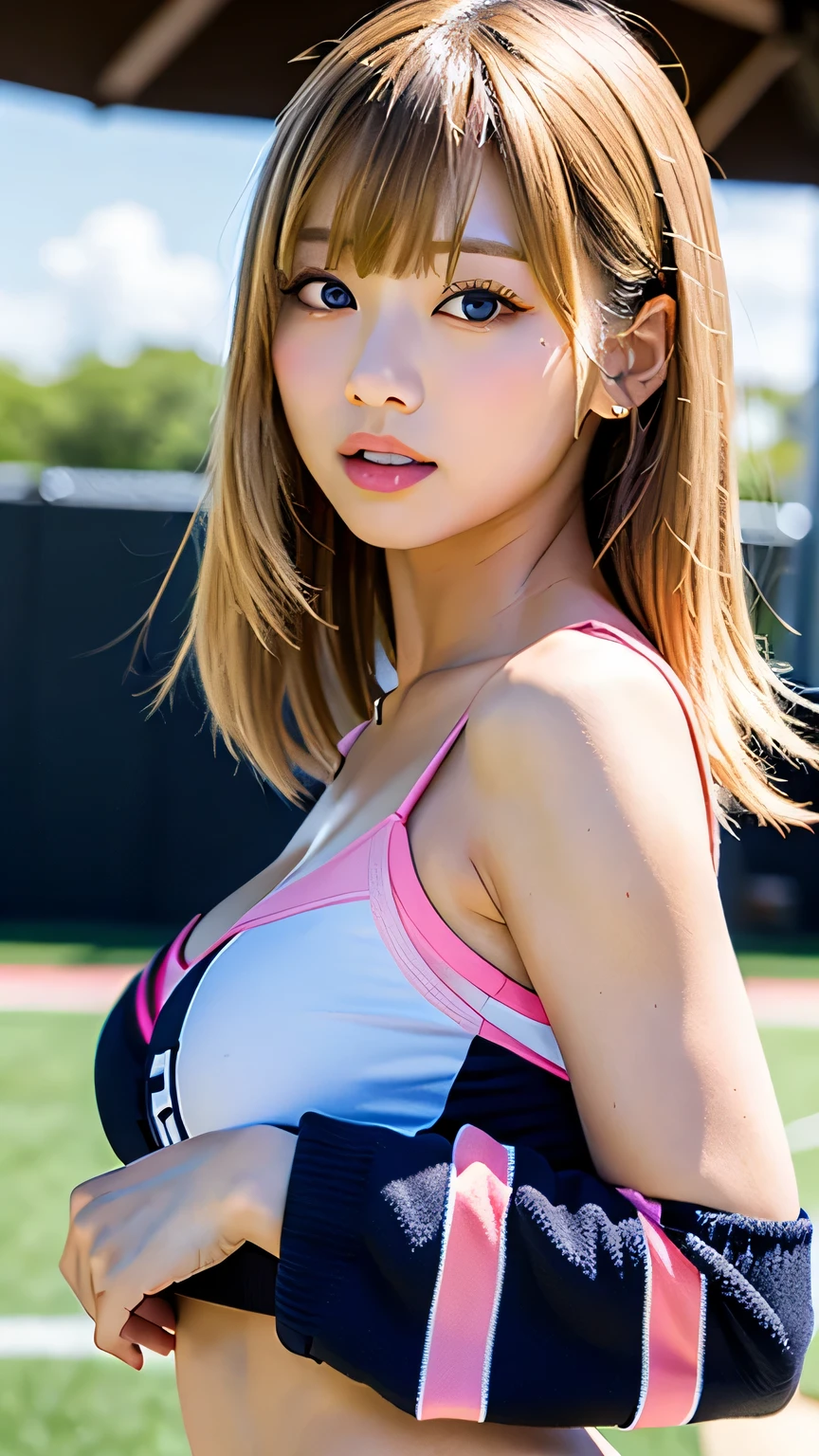 (((pull own uniform:1.9,show own underboob:1.9,underboob))),(((pull own uniform:1.9,show own underboob:1.9,underboob))),(((neat woman,leaning forward,gravure idol pose))),Bright-eyed excitement,(((kind big smile:1.8,kind big smile,blush:1.8,deep cheek:1.8))),((((blush,red cheek))),(cinematic lighting), (Photo real:1.4)、(A hyper-realistic:1.4)、(Photorealistic:1.3)、 (gentle lighting: 1.05)、(Improve the lighting quality of your video:0.9)、 32k、25years old woman、photorealistic lighting、Back lighting、Facial Lights、Ray Trace、(bright:1.2)、(Increase quality:1.4)、 (best quality real texture skin)、Fair eyes,delicate face、 Close-up of the face, ((((Wearing the tight white tennis uniform))),(((sweat,??????????? uniform))), high-neck:1.4,mini skirt,high-heel))),(Bodyline mood improvement:1.1)、Glossy skin、good figure,perfect ???????,Beautiful actress,(((beautiful huge breasts,(((underboob,underboob))),slender waist,slender hip,long slender legs,8heads tall))),(((8heads tall))),(((wavy midium hair,bangs,hairband))),(((sweat skin,shiny skin,in the beautiful modern night pool,super clean night view,in the night))),