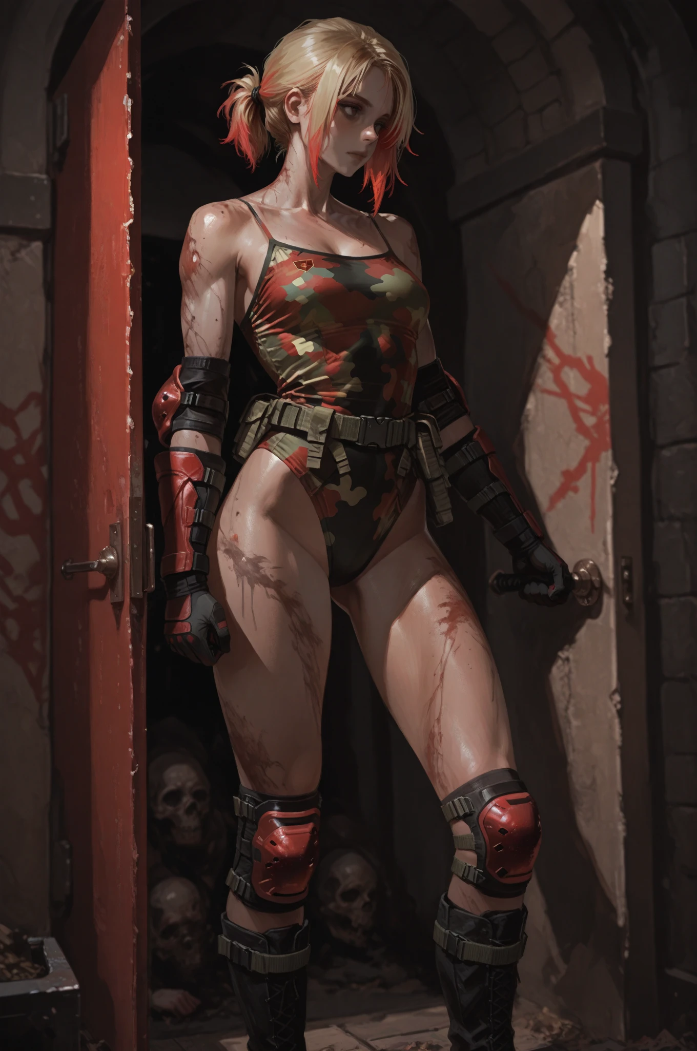 Red hair, medium body, medium tits, full body image, (maximum resolution 8k) High resolution, apocalipsis zombie,
