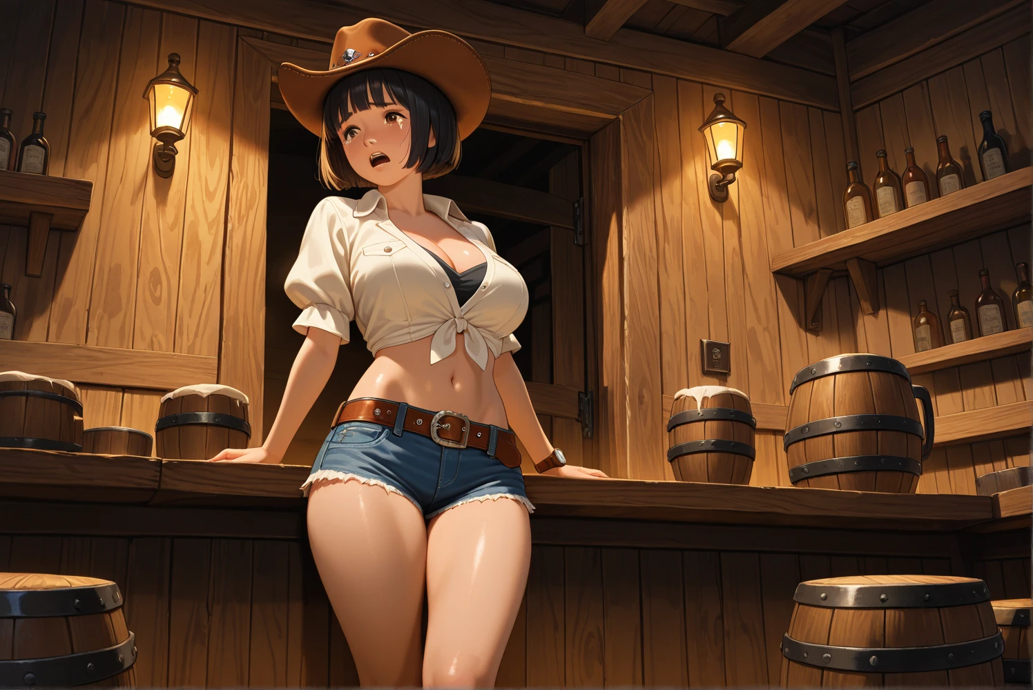 (((1 person:2.0))),(((NSFW:1.8)),(((NUDE:2.0))),(((Sexy female gunfighter:1.9))),(((Wear a gun belt with a holster:1.5))),((Wear a watch on your wrist:1.5))),(((Cowgirl Costume:1.5))),(((Exposed thin inner thighs))),(((Small breasts:1.5))),(((Bare arms))),(((Wearing Sandals:1.5))),((Blushed:1.8)), Beautiful detailed girl, Very detailed目と顔, 緻密でBeautiful Eyes, Very detailed, High resolution, Highest quality, masterpiece, Very detailed, 8k wallpaper, wonderful, finely, Highest quality,(Standing in front of a wooden wall),Beautiful Eyes,((Engage your audience:1.5)),((Full body shot:1.8)),((Place your right hand on your chest:2.5)),((Drinking whiskey:1.0)),((She has the hiccups:2.0))),(((Are standing:1.5)))