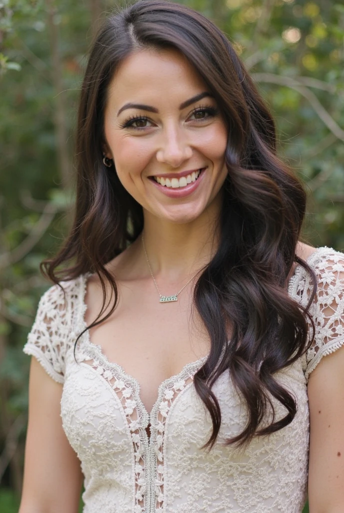 spring store scene, inside store, beautiful model woman, 40years old, smiling, looking at camera, brunette hair, large breasts, flowers for sale in foreground in rustic store, holding flowers, close up