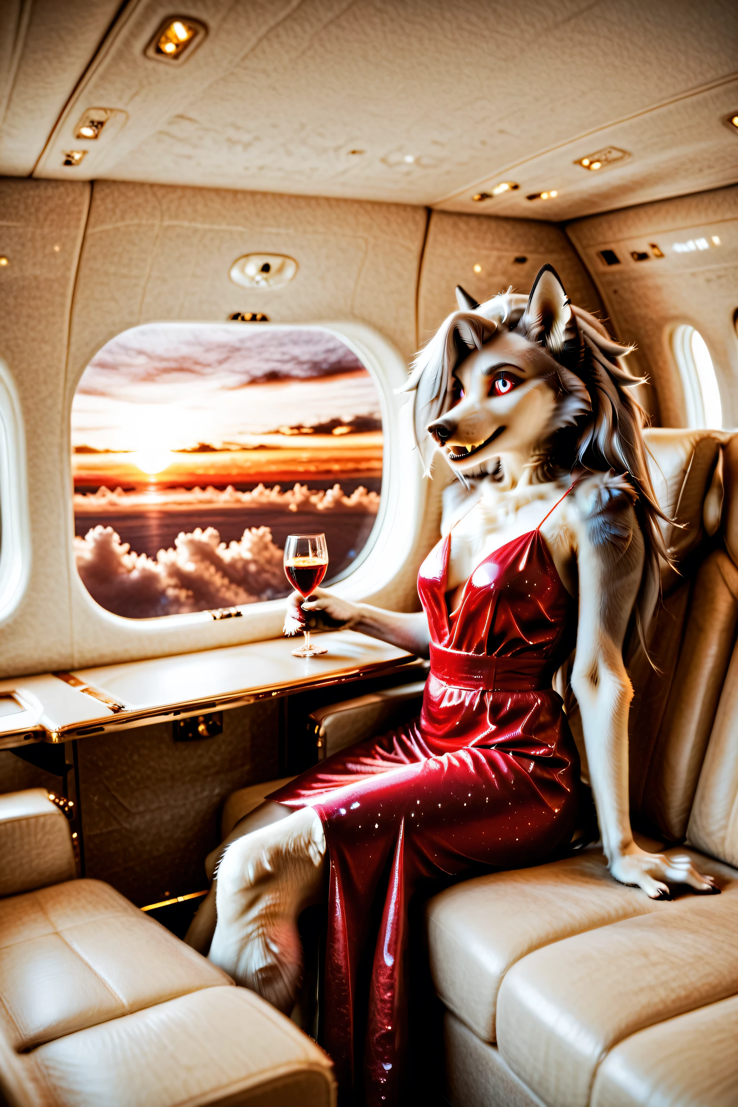 Loona, furry, realistic, fluffy tail, solo, dressed in tight red evening dress, sitting in the seat of a private jet, drinking a drink from a glass, smiles, side view, mid-range shot, ultrahigh details, ultra-realistic photo, two-tone fur, gray fur, anthro, wolf girl, animal nose, wolf tail, red sclera, white iris, canine teeth, bangs, absurd res, detailed skin, detailed hair, extremely detailed, sharp focus, sharp details, 8k, plane interior, window, indoors, table, couch, clouds, j3t,