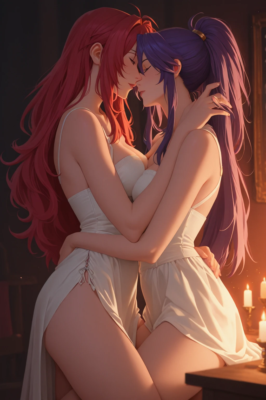 Two Women turning their backs in pose 4, totally naked and very wet, looking to the camera, they are kissing
