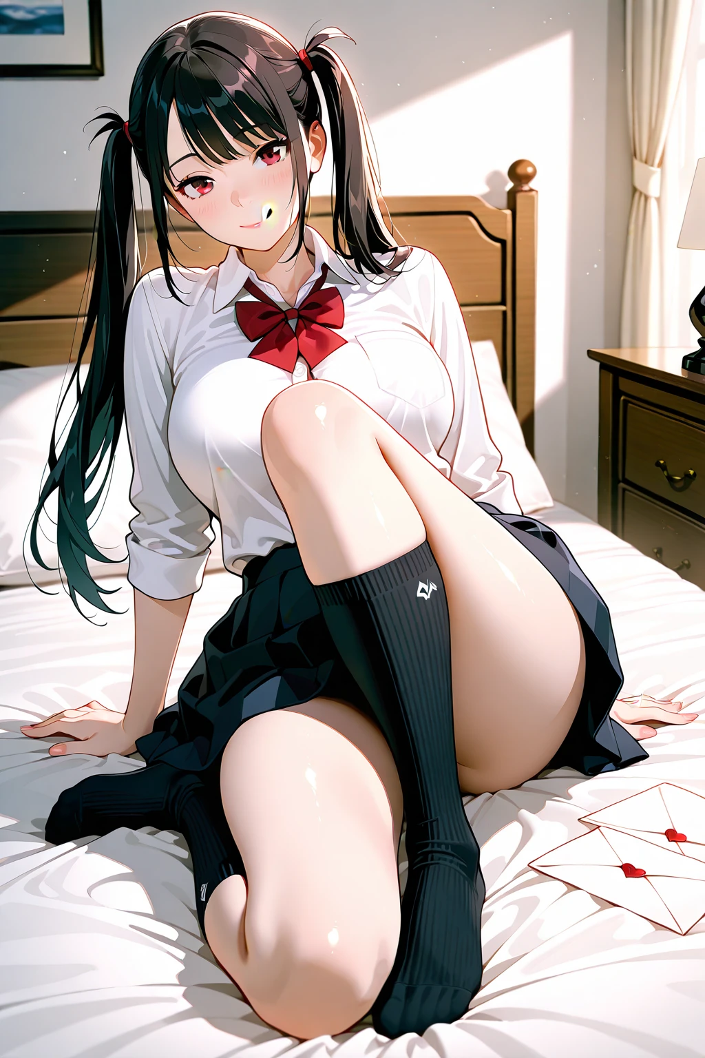 masutepiece, Best Quality,hyperrealistic illustrations,Perfect focus, 1girl in,(nogizaka_The costume),On the bet,((Lying on your back:1.3)),(Spread legs:1.5) ,(White Ultra Micro Panties,Deeply bitten panties,Very thin wet panties),(:1.4),Looking at Viewer, Cute, tiny chest,small tits, Long hair,Beautiful detailed eyes, Detailed skin,Detailed clothing,Detailed panties,detaileds,embarrassed, is crying,Late night bedroom background,(Low position shooting: 1.2),(Close-up in the crotch:1.2),full of sweat,