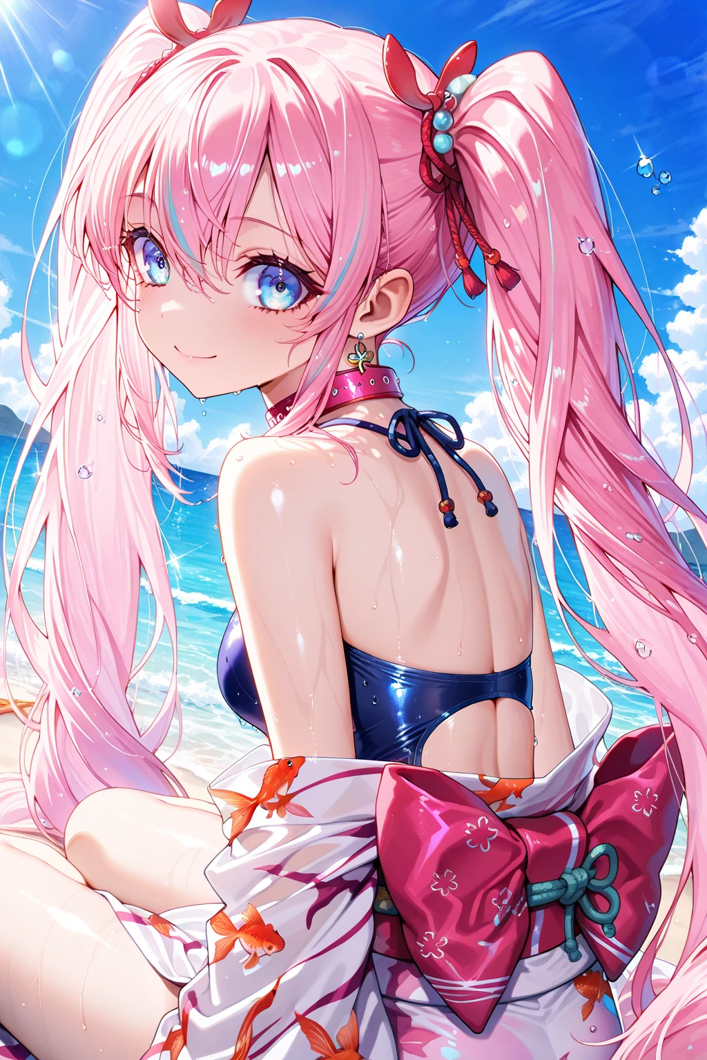 anime, Style, 1 pink long haired girl in a blue bikini, on the beach in the night(best quality, 4k, 8k, high resolution, obra-prima: 1.2), ultra-detailed, (realista, fotorealista, foto-realista: 1.37) colorido com vibrantes cores, soft lighting