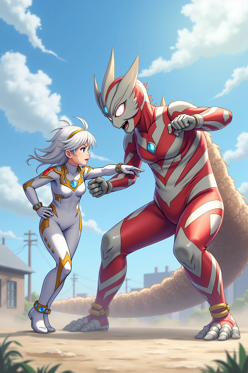 extremely detailed CG unreal engine 8k, best quality, 1girl, from side, beautiful detailed 1 young girl, (Ultragirl:1.0), ultraman bodysuit, small breasts, full body, (angry face :1.2), twintail, fighting stance, Godzilla (attacking :1.2), (battle with monster, combat with monster, fighting), detailed (ruined buildings) behind, outside, ((dynamic), detailed fingers, detailed hands, detailed face), all intricate, (Rampage :1.0)
<lora:Ultragirl_LoRA-Civ-000004:1> <lora:GTSv5:0.8>