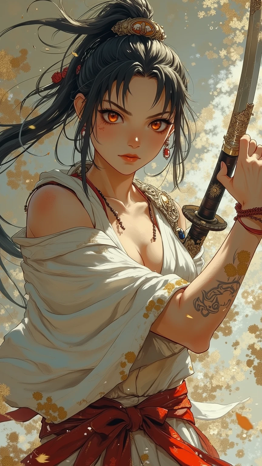Best image quality, threaten, Settlement, Holding a spear, Parent and , primitive, Primary forest, In underwear, ""Primitive clothing"", woman, Black Hair, Tying up hair, paint