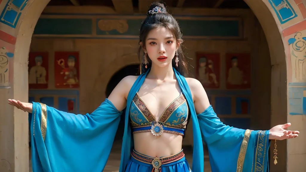 Create a photorealistic image of the highest quality with ultra-high resolution, focusing on extremely detailed eyes and face, scaled up by 1.3 times. The subject is a single girl, also scaled up by 1.3 times for emphasis. She is dressed in a traditional Chinese hanfu, featuring a skirt adorned with intricate patterns. Her long hair is elegantly styled, complemented by jewelry such as a necklace and earrings that highlight her perfect body. She stands confidently, her large breasts subtly accentuated by the attire. Her gaze is direct and engaging, looking at the viewer with a captivating expression. Her eyes are uniquely shaped like crescent moons, adding to her enchanting allure. The image should capture the grace and beauty of traditional Chinese clothing and the striking features of the model.