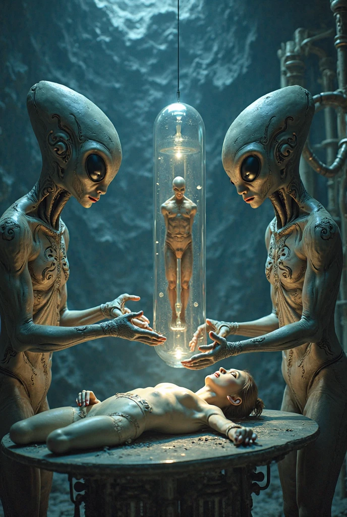 Biological extraterrestrial mothership, alien aligen, corpoExotic biological beings, Advanced technology, atmosfera controlada, Geometria sagrada, ethereal light, telepathic communication, energetic harmony, Realidades paralelas, Hyperspace, Seres de Luz, elevated consciousness, Quantum Healing, cell regeneration, reinos espirituais, intergalactic community, Paz universal, cosmic unity, Amor Incondicional, spiritual evolution, interdimensional science, seres multidimensionais, conhecimento ancestral, cosmic serenity, Divine Purpose, sabedoria estelar, transcendence. Alien human inside a futuristic medical research lab serving human alien spirit bodies, Slender-bodied alien inside alien cell regeneration room, Giant multifaceted eye alien exploring alien hologram, Alien in futuristic alien costume inside the extraterrestrial genetic healing lab, Ete-Grey pink and purple alien in innovative alien environment, alien with telepathic abilities inside the alien medical research center, Curious and affectionate hybrid alien inside the futuristic alien laboratory, alien with multiverse view through the almond pupil inside the healing alien light chamber, Alien with bio-organic appendages on an alien humanoid body at the Alien Science Laboratory, alien with telepathic texture details inside the portrait of a humanoid alien, alien exploring the alien environment with advanced 3D modeling technology, Alien in futuristic costume with surreal lighting effects inside the futuristic alien room, alien with alien cybernetic implants in an alien medical research lab, alien with digitally enhanced alien atmosphere, Blue alien with elongated head inside an alien cell regeneration laboratory