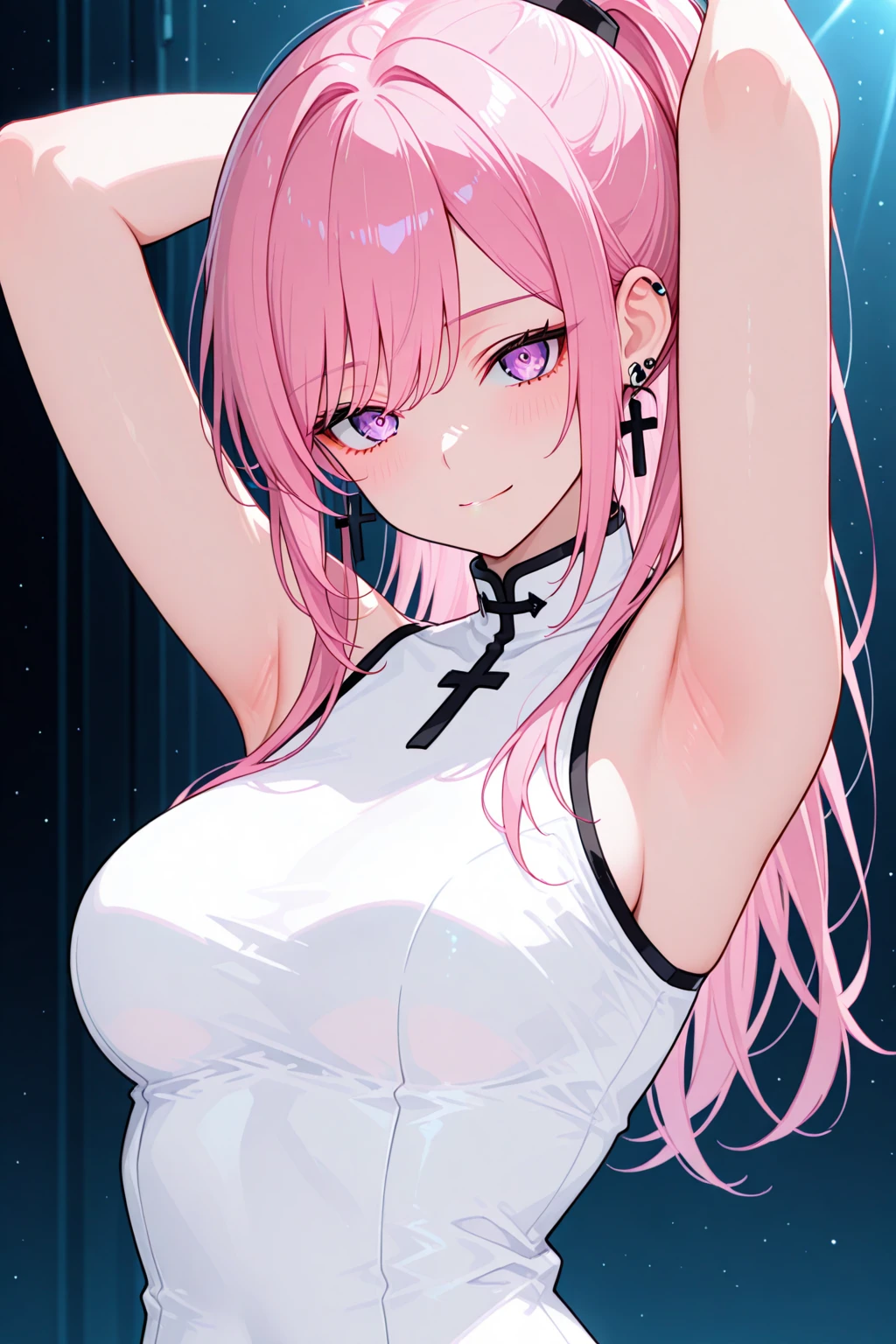 1girl, 18 year old female, Chloe con Einzbern, Fate Grand/Order, anime style, ultra realistic, high detail, sexy pose, sexy, beautiful, exposed skin, slender, skinny, exposed breast, large breast, nipples, exposed nipples, nude, nudity, absurdres, high res, ultrasharp, 8K, UHD, retina, masterpiece, accurate, anatomically correct, perfect anatomy, textured skin, super detail, high details, high quality, award winning, best quality, high res, looking at viewer, detailed eyes, four fingers and one thumb per hand, perfect hands, perfect finger, two arms only, no clothes, revealing, pink hair, yellow eyes, dark skin, tanned skin, brown skin, fertility stomach tattoo