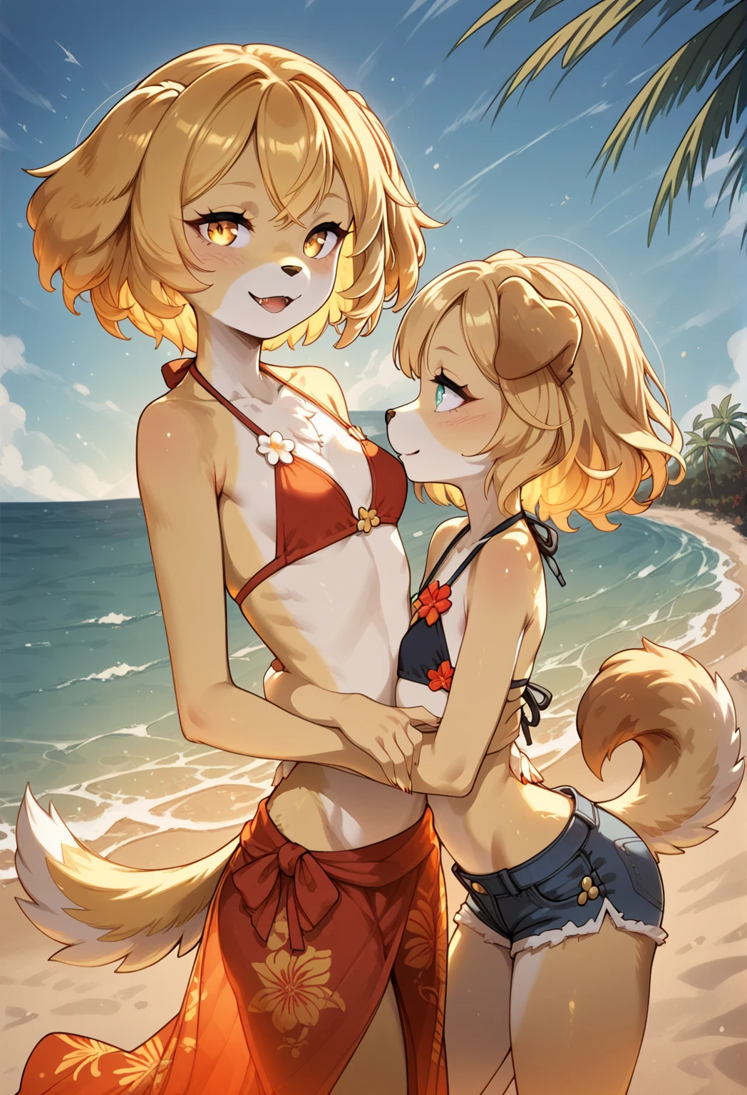 Hot friends of different ethnicities, (furry girls:1.2), fluffy tail, snout, paws, at the beach, very diverse appearances, cute swimwear, sunny day, having fun, sexy 
