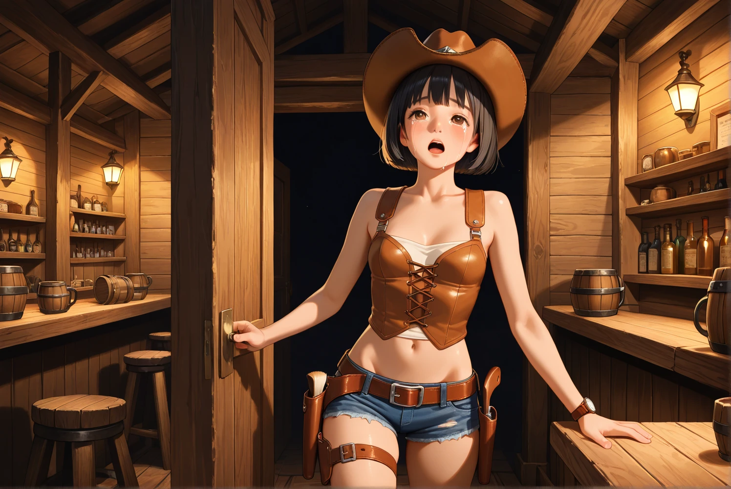 (((1 person:2.0))),(((NSFW:2.0)),(((Nude:2.0))),(((Naked Female Gunfighter:1.6))),(((Wear a gun belt:1.8))),(((Insert the pistol into the holster:1.8))),((Wearing the watch:1.5))),(((Showing cleavage))),(((Exposed thin inner thighs))),(((Small breasts:1.5))),(((Bare arms))),(((Put on your boots:1.5))),((Blushed:1.8)), Beautiful detailed girl, Very detailed目と顔, 緻密でBeautiful Eyes, Very detailed, High resolution, Highest quality, masterpiece, Very detailed, 8k wallpaper, wonderful, finely, Highest quality,(Standing in front of a wooden wall),Beautiful Eyes,((Engage your audience:1.5)),((Cowboy Shot:1.5))),((Front shot:1.5)),((Place your right hand on your chest:1.5)),((Drinking whiskey:1.0)),(((Drunk,Cry:1.8))),(((Sit with your legs apart:1.5))),(((Hiccups don't stop:1.2)))