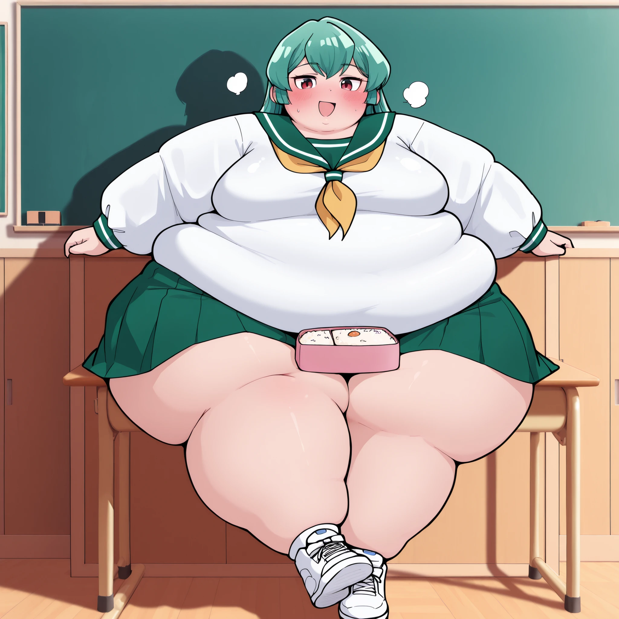 (((baby cute little))), (((white shirt, sweater vest, black vest, short skirt))), ((green hair)), (((beautiful green eyes))), ((chubby)), (((obese))), ((fat face)), (((big belly))), (((open mouth))), fat wide thighs, belly, (((tender pose ))), (((in a room))), detailed background, ((full body image)), (((both hands on breasts))), (((perfect fat belly))),