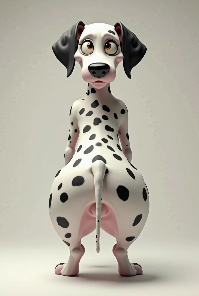 Masterpiece, best high quality, nice lighting, 4K, absurdres, full view, 1girl, solo, Cadpig, (big head), feral dalmatian, (thin small body), dog tail, floppy ears with white fur, black nose, blue collar, big grin, pinup, simple background, canine pussy, pussy juice, anus, butt 
