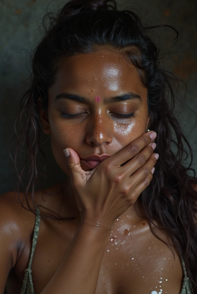 (((front focus))), (K,UHD, best quality, masterpiece:1.2), (realistic, photo-realistic:1.37), ultra-detailed, 1 women face, sexy Indian mature woman face, 35yo, milf, (smile:1.15), (((open mouth))), beautiful detailed eyes, detailed face, (((looking at viewer))), (((big red Bindi))), (((earing's))), (nude:1.1), night, (((cum wet face))), (((cum facial))), beautiful face, (black hair:1.2), floating hair, (((face focus, award winning))), closeup face portrait,