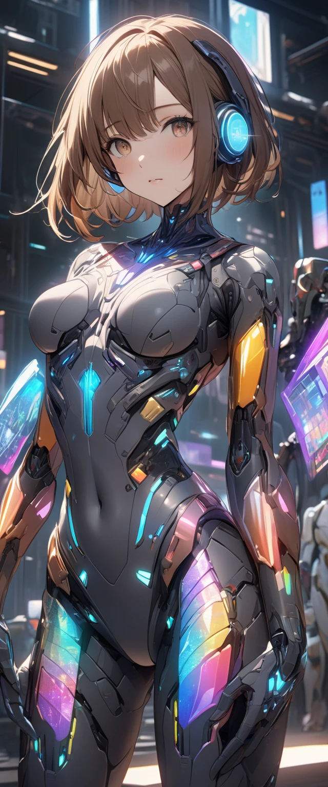 female robot, skin part is only face, silver metal skin, full metal robot body, mechanical parts, electronic wire, cum in pussy, high quality, medium breasts, long hair, tall, thigh gap, full body metal skin, wet, cum in pussy, metallic tits, big separated breast, under repair, robot ears