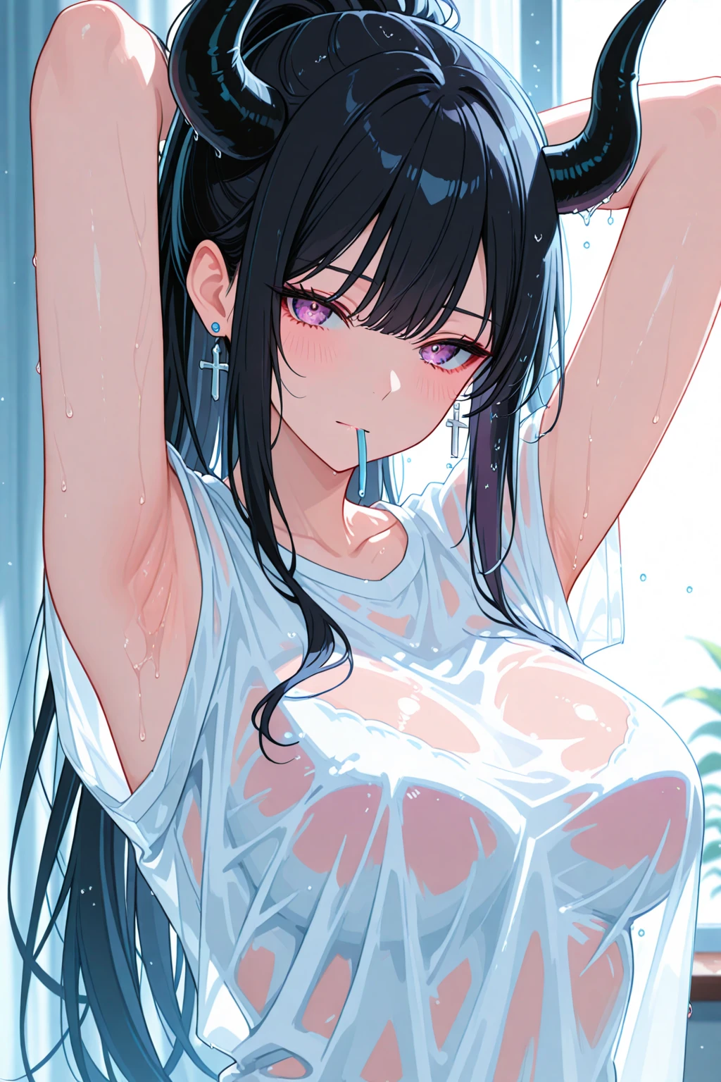 (8K, Raw photo, Highest quality, masterpiece:1.2,Perfect Anatomy),(fisheye lens),nsfw,Private room,Natural light,(((10 years old))),bed,Leaning forward,((((projectile \(lactation\),lactation,lactation drip)))),((((flat chest)))),thick nipples,Firm bust,light crimson nipples,Perfect nipples,standard weight,Firm Hips,Small Butt,Black Hair,Semi-long hair,Completely naked, sweat:1.2,Close-up from above,cowboy shot,Flushed expression,looking at the camera,Perfect vagina,Perfect anus,steam,Spread your legs,(masturbation),Super baggy white tank top,breasts out,bottomless,show off pussy