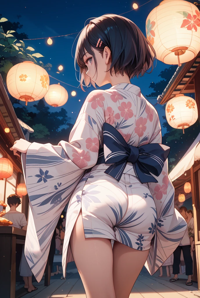 (Highest quality、masterpiece、Super detailed,8K),(Silver braided short bob),(yukata、From behind、Soft curves、Large Breasts、A fascinating body)、Summer festivities,stall,Detailed Background、night、night景、(Colorful lights),(Eat chocolate banana),(happy Smile:1.2)、