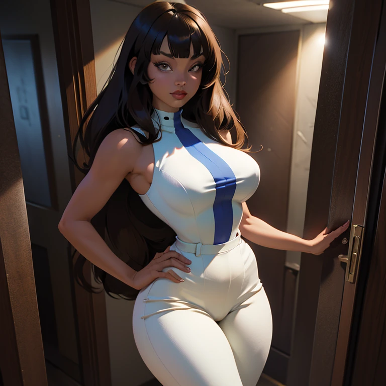 (masterpiece), best quality, expressive eyes, perfect face, (prison jail cell background), (standing behind jail cell bars), (seductive look), (cleavage view), (1girl, 18 years old, Nico Robin, latina, dark skin, tanned skin, black hair, bangs hairstyle, brown eyes, hourglass figure, thin body, skinny body, petite_body, large breasts, huge breasts, oppai, large cleavage, wide hips, thick thighs), (light-grey-blue_v-neck_full_body_prison_jumpsuit, light-grey-blue v-neck zip-up full jumpsuit, exposed cleavage, long sleeve, cameltoe, prisoner number tag on jumpsuit),