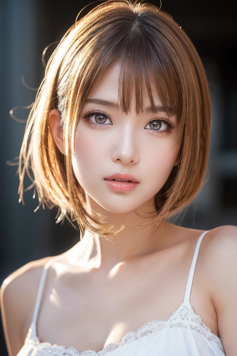 8K,Professional Lighting ,Aerial perspective ,超A high resolution ,(photographrealistic: 1.3) ,kawaii , (tits out:1.1) ,vivid flowers ,plain white bra,Detailed face ,bob cuts ,(((Asymmetry))) ,