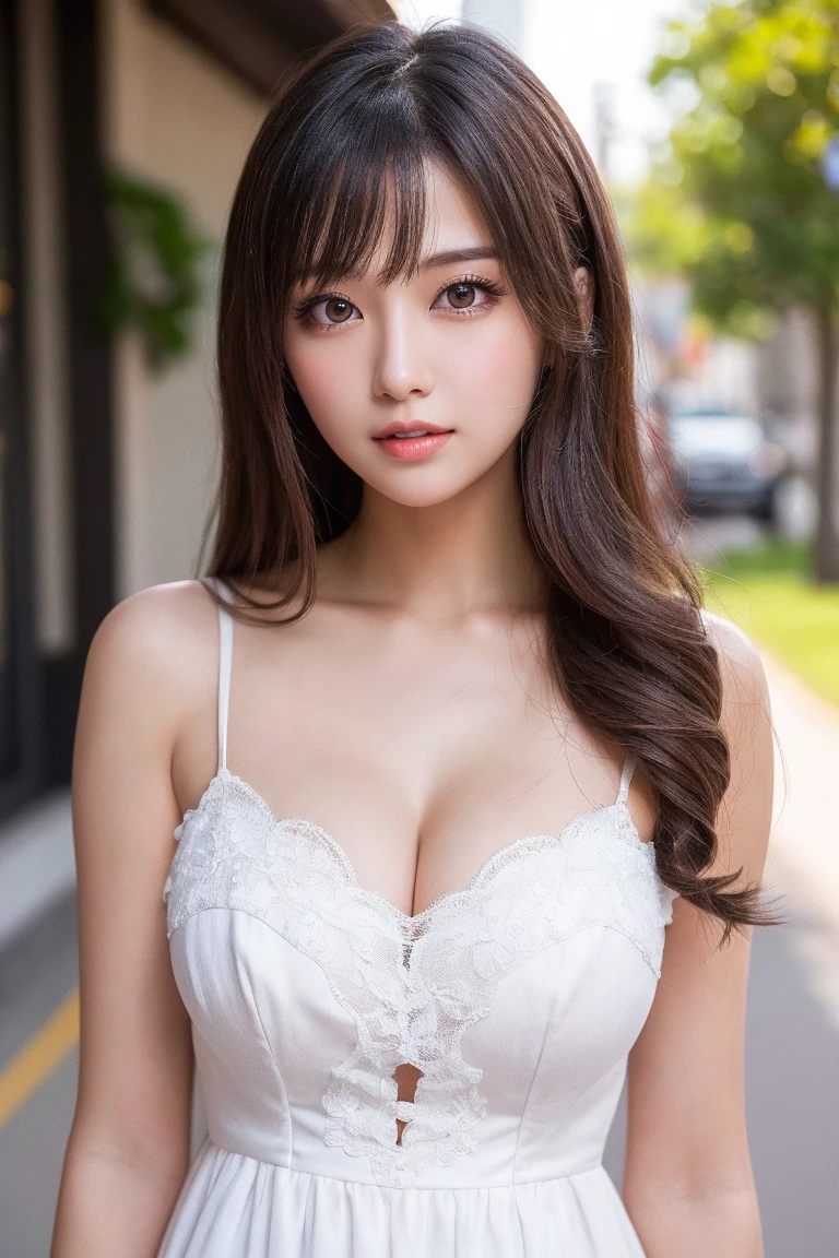1girll、Masterpiece Mastepiece, Best Quality, Illustration, Ultra-detailed, finely detail, hight resolution, high-level image quality、8K Wallpaper, a Korean girl、韓国アイドル、Perfect dynamic composition, Beautiful detailed eyes, Random Dresses,Medium Hair, cleavage of the breast, Natural Color Lip, ((Spread your legs apart))、((I can see panties)),Beautiful skin、Smile,Street Walk、20 years girl