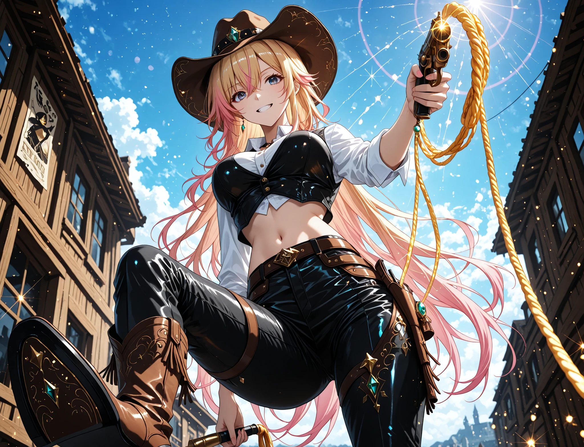 (((depcit very young girl surrounded by ropes))), (((elegant cowgirl))), (((top-quality, masterpiece))), (( lot of details)), sexy, blond hair, long hair, straight hair, (((bandage))), (((bound with ropes))), (((arms behind back))), cowboy hat, (wearing leather cowboy clothes), leather revolvers belt, open legs, spread legs, brown eyes, thin , ((small breasts)), nice hips, open shoulders, (sassy), (Masterpiece, Excellent, complex details), delicate girl, delicate face, pretty, sunny desert, a western atmosphere,