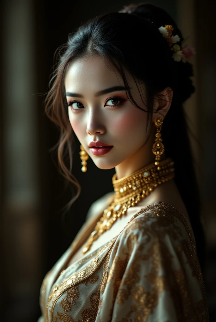 ((Ultra realistic photos Ultra high quality 8k))
Thai concubine, Thai woman, actress, beautiful, charming, likeable, bare breasts, nipples visible, no bra. headdress