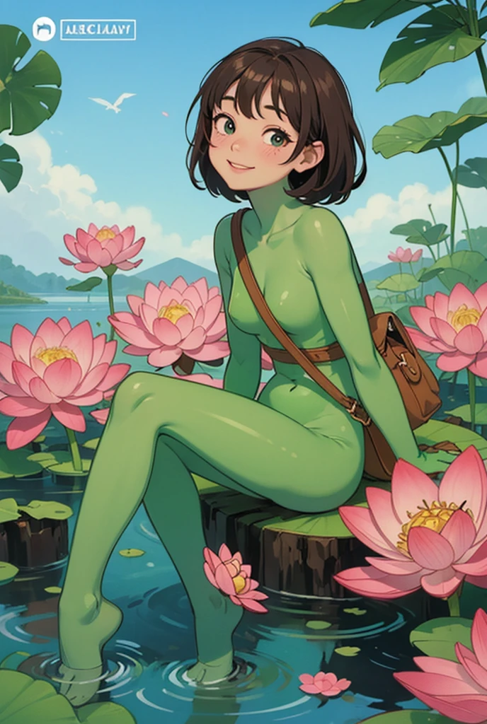 botanical art, 1girl, teen, Asian, black short hair, naked, standing inside terrarium
