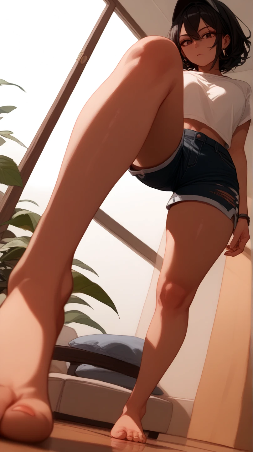 (from below:1.2,from front:1.3,),(Perfect Anatomy,top-quality、The ultra -The high-definition、hight resolution、extremely details CG、8K Unit Wallpapers),full body,1woman,solo,20-year-old、Japanese beauty,looking at viewer, (black hair,short bob cut hair,blunt bang),(small breasts,slender body,sweat),gleaming skin,oily skin,sweat,(tight white tank top、crop top、incontinence,pee,Peeing、perfect white panties,combat boots),standing,spread legs:1.5,mountain hut、Mountainous area、natural sunlight、