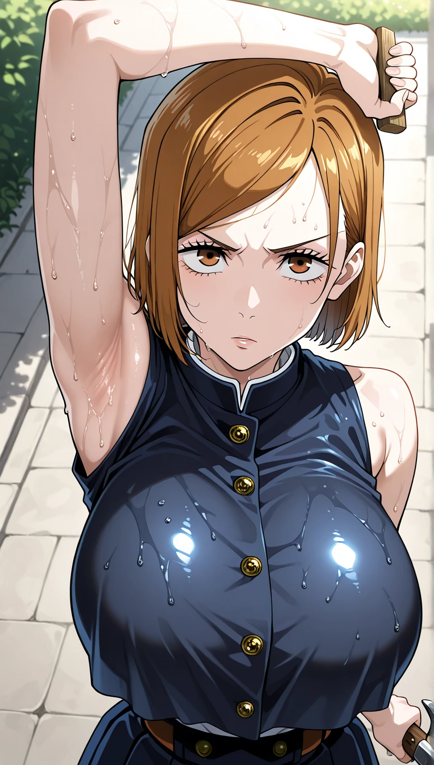 (masterpiece), (best quality), (ultra-detailed), (best illustration), (best shadow), (absurdres), nobarakugisakinova, short hair, orange hair, ((brown eyes)), kugisaki nobara, 1girl, solo, wearing crotop, bangs, gakuran, closed mouth, sleevesless, looking at viewer, upper body, (huge boobs), (((large breasts))), ((blushing)), Hourglass body, thin waist, very thin waist, hands on hips, angry, front view, ((busty)), seductive smile, both hands raised, armpits, armpits visible, sweaty armpits,