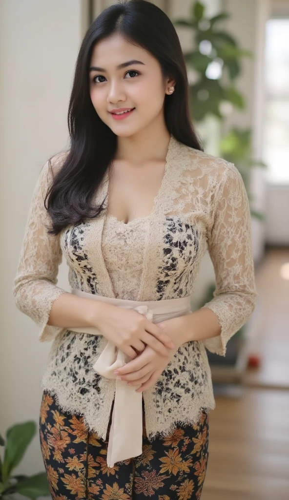 1 Indonesian girl, 25 years old, short fashion hair, slim body, big breasts, cleavage, skintight beige lace kebaya, batik skirt, masterpiece, highly detailed, ultra hd, 8k, detailed face, bright eyes, perfect eyes, detailed skin texture, detailed lips, sexy lips, perfect hands, dynamic poses, dynamic angle
