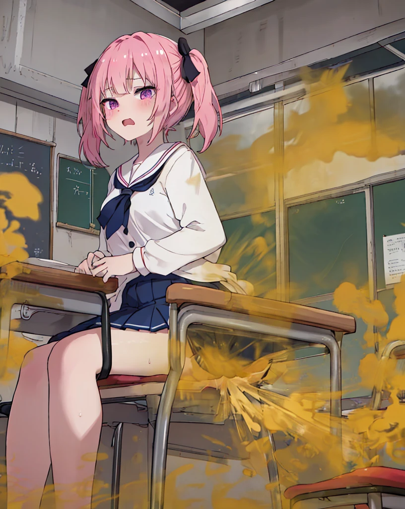 (masterpiece, highest quality), Intricate details, One girl, Squat， Embarrassing, anger, Glare, Blushing，incontinence，Thin yellow liquid spurting out from under the legs，A thin yellow puddle at my feet，In the grass,Yellow stains on underwear，Urinating，Wearing shoes,Alley