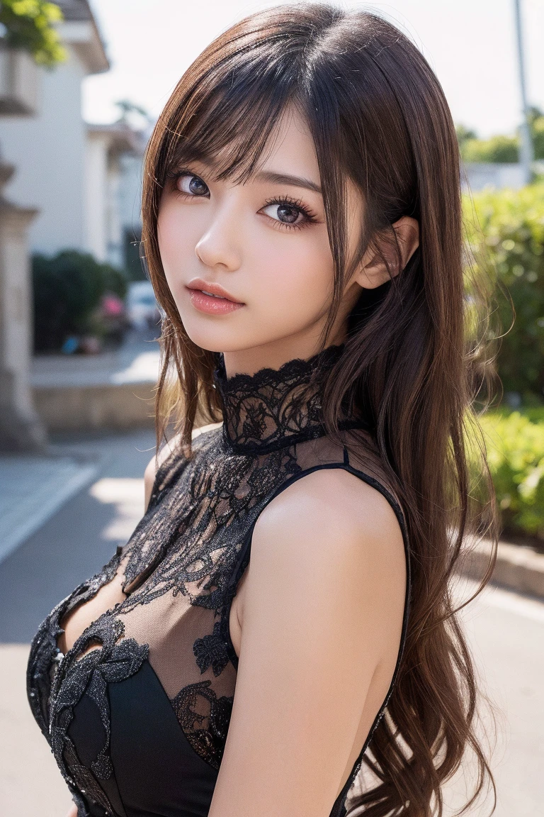 masterpiece, best quality, ultra-detailed, intricately detailed hyperdetailed, realistic, sharp features, highly detailed, sharp focus, Japanese idol, perfect face, perfect symmetrically perfect eyes, perfect full lips, flexible female form, cinematic, neon light, Shadow, hyper detailed, hyper realistic, high resolution, vibrant, dynamic lighting, background, (long hair, straight Bangs), brown Eyes, black blouse, Portraiture,