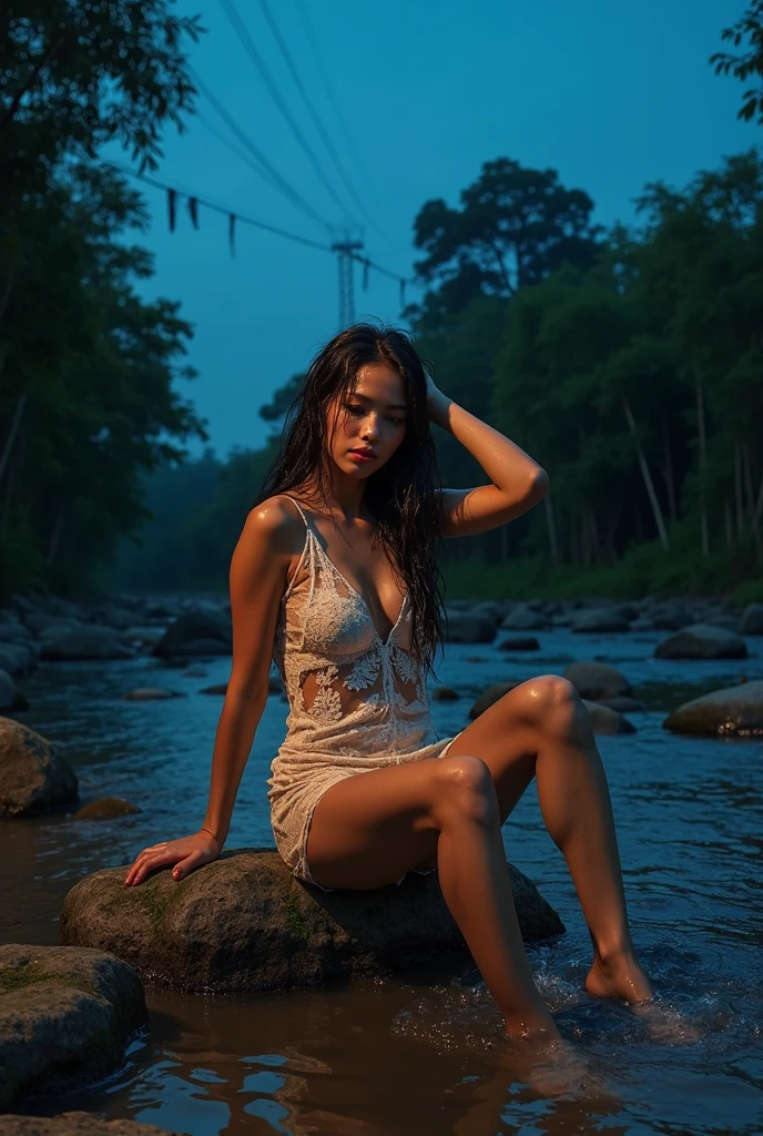 Lifestyle photoshoot, a beautiful indonesian girl (slightly overweight), soaking in the river, bright light, ultra HD 16K