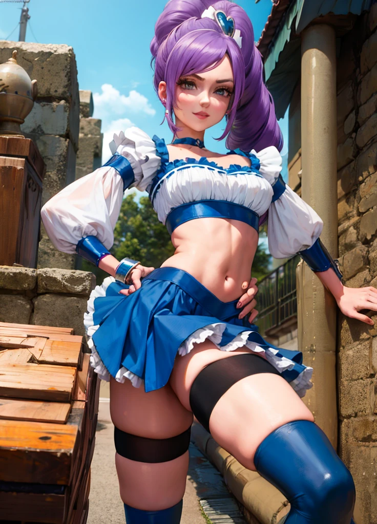(((1 girl))) short hair, earings ,glossy lips ,team rocket uniform, red letter R, white skirt, white crop top, black thigh-high boots, black elbow gloves, evil smile, looking at viewer, cowboy shot, arms crossed, full body photo Mercedes von Martritz (Fire Emblem: Three Houses)