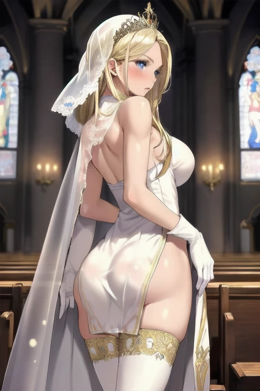 elsa of arendelle, ((blonde hair, bangs, braid, tiara, glowing blue eyes, lipstick, makeup, narrow waist, skinny, medium breasts, alone, jewelry, earrings)), pelvic curtain, ((white dress, wedding dress, Scooped up the ass, gloves)), full body, perfect body, (insanely detailed, beautiful detailed face, masterpiece, best quality) , (((solo))), (((1girl))), (((mature))), (extremely detailed 8k paper CG wall unit: 1.1), (wedding, castle, church, dusk), (smile face for the viewer), from behind, 