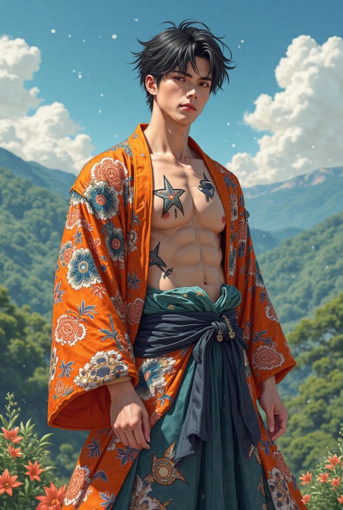 1 male, Japanese male model, high resolution 4k, adult, handsome, perfect face detail, detailed eyes and face, clean shaved, sixpack, white eyebrow hair, white eyelashes, Naked torso, Detailed face, perfect face, dynamic lighting, Real skin texture, detail Perfect hand details, Real and complete hand details, unreal engine, hd picture, satoru gojo, Jujutsu kaisen, white hair, short hair ,hair between eyes ,blue eyes, white skin, Kimono male, 