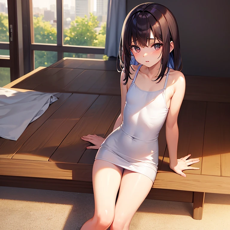 15-year-old girl, ((Off-the-shoulder shirt, miniskirt、clothes are exposed、sexy bra and underwear))、(Black Hair、Gray inner color hairstyle、Hair expressed with a delicate touch), Beautiful Hair, Facial Contour, Remember, ,Hotel, splash, moonlight、Lens flare、night,illumination、Natural Color, High resolution, Very delicate, Very detailed, 8k,Lying in bed、(Breast size around B cup)、Shyness,((Sexual)),((Sexy feeling)),Angle from the feet