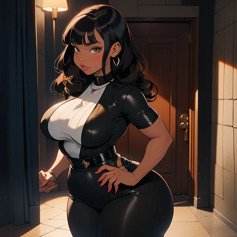 (Masterpiece, Best quality:1.1), (very dark skin), (african), black hair, seductive look, shy, has a deep secret, viewer_pov, black eyes, fishnet bodysuit, reverse bunnysuit, heart pasties huge breasts