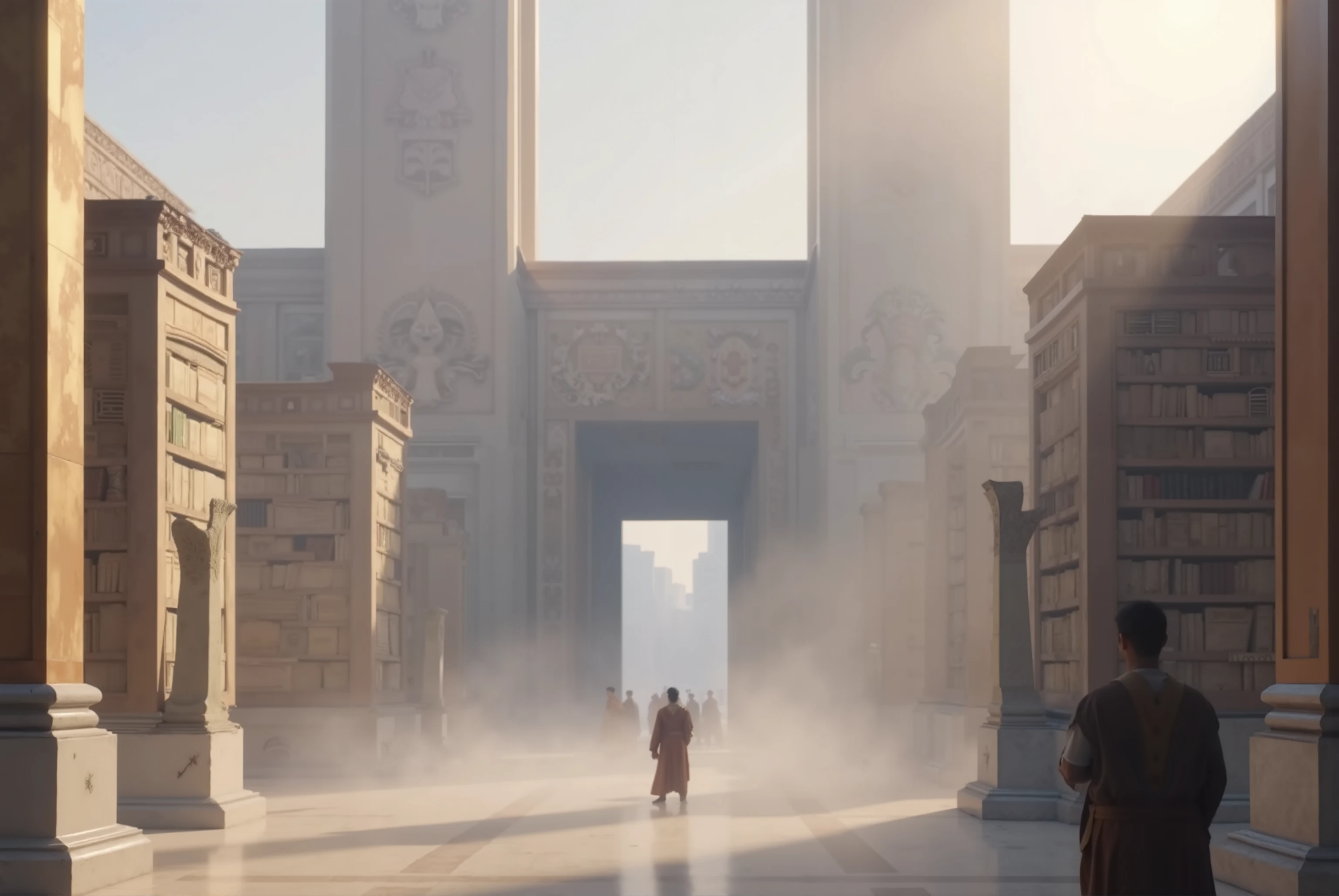 re-creating the legendary library of Alexandria circa 400AD., the view is bit blur with sand, zoom up, standing on the library floor, inside