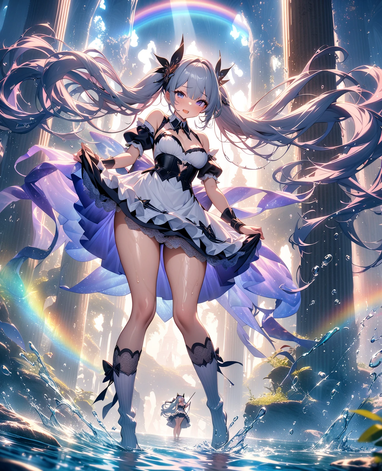 thin (cute little girl:1.2) standing in forest, childish, (gigantic breasts despite little child:1.3), (cleavage:1.3), BREAK, large cute eyes, loli face, BREAK, (shining magic texts in shining magic circulars:1.2), BREAK, long legs, thin waist, arms behind back, BREAK, (very long white straight hair), blunt bangs, BREAK, black thighhighs with white line, BREAK, short black capelet, short black high-waist skirt, BREAK, looking at viewer, (nose blush)